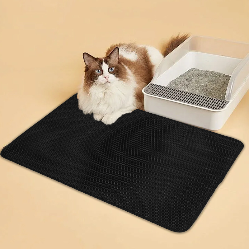 Double Layer Cat Litter Mat Non Slip Cat Litter Trapper Washable Pad for Cats Litter Box Paw Clean - Black