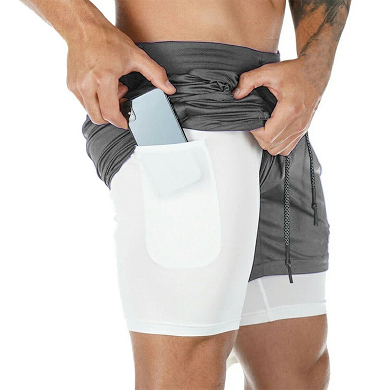 Double Layer Running Training Shorts Fitness Bottoms with Pockets - Grey XL