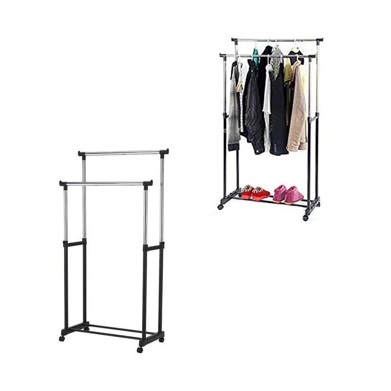 Double Pole Garment Holder Stainless Steel Clothes and Shoes Rack with Wheels Adjustable