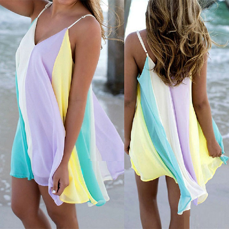 Fashion Summer Women Chiffon Rainbow Harness Dress Beach Party Wearings Size XS