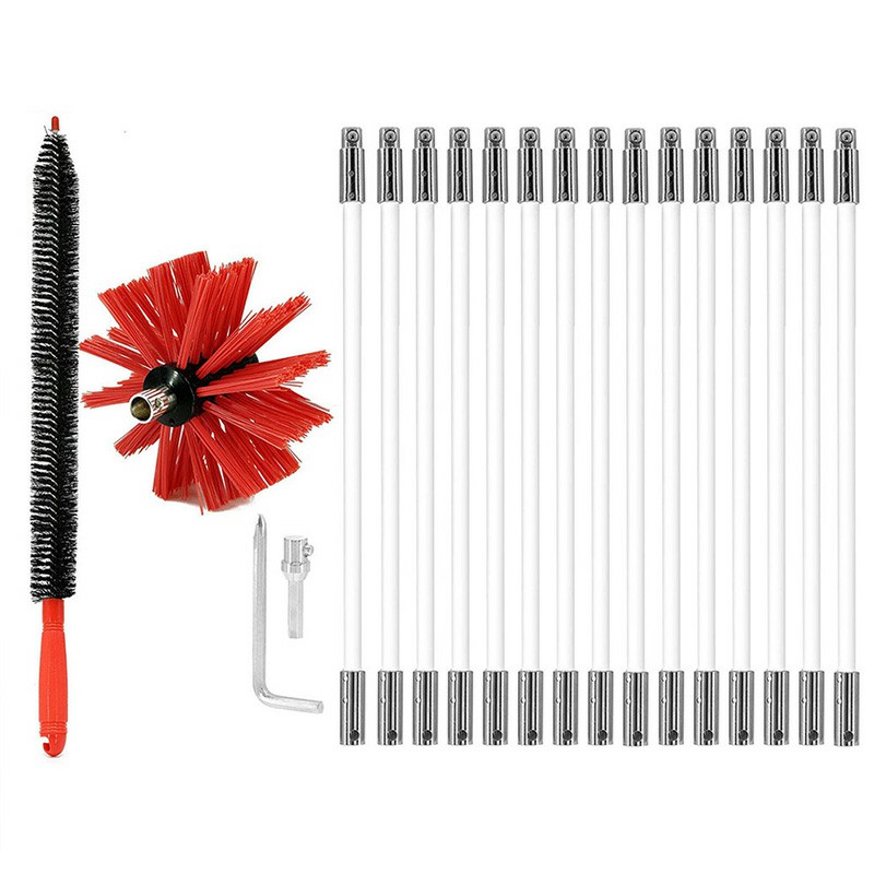 Flexible Chimney Sweep Set Flue Sweeping Brush and Rod Kit Soot Cleaning Rods - 15 Rods