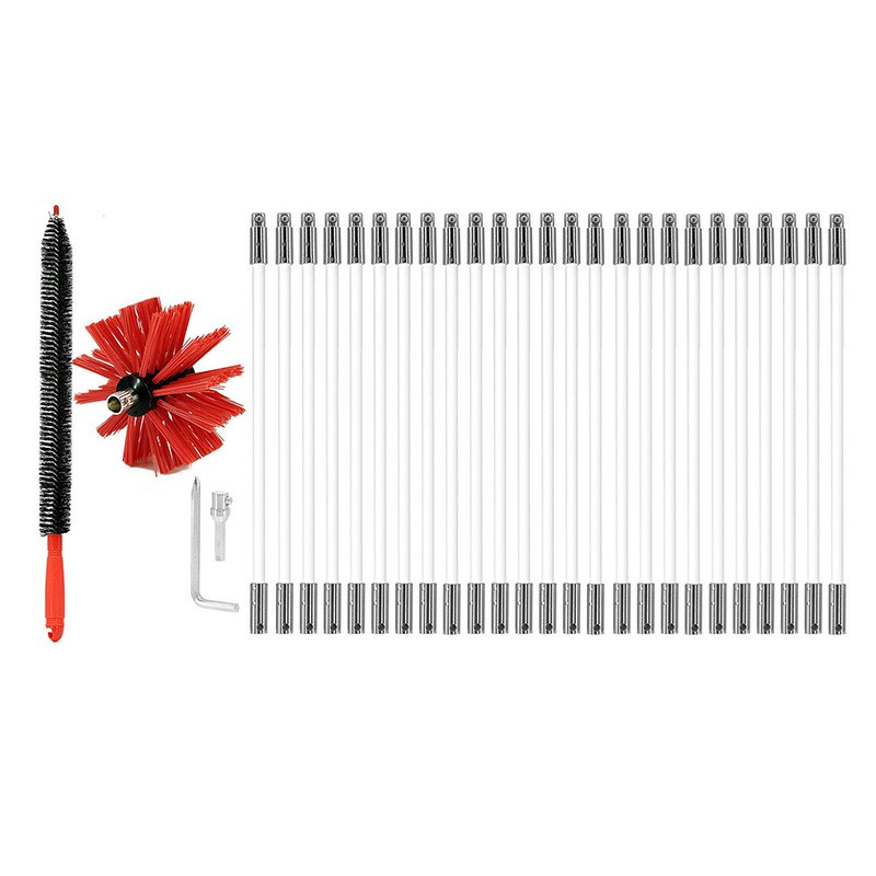 Flexible Chimney Sweep Set Flue Sweeping Brush and Rod Kit Soot Cleaning Rods - 25 Rods