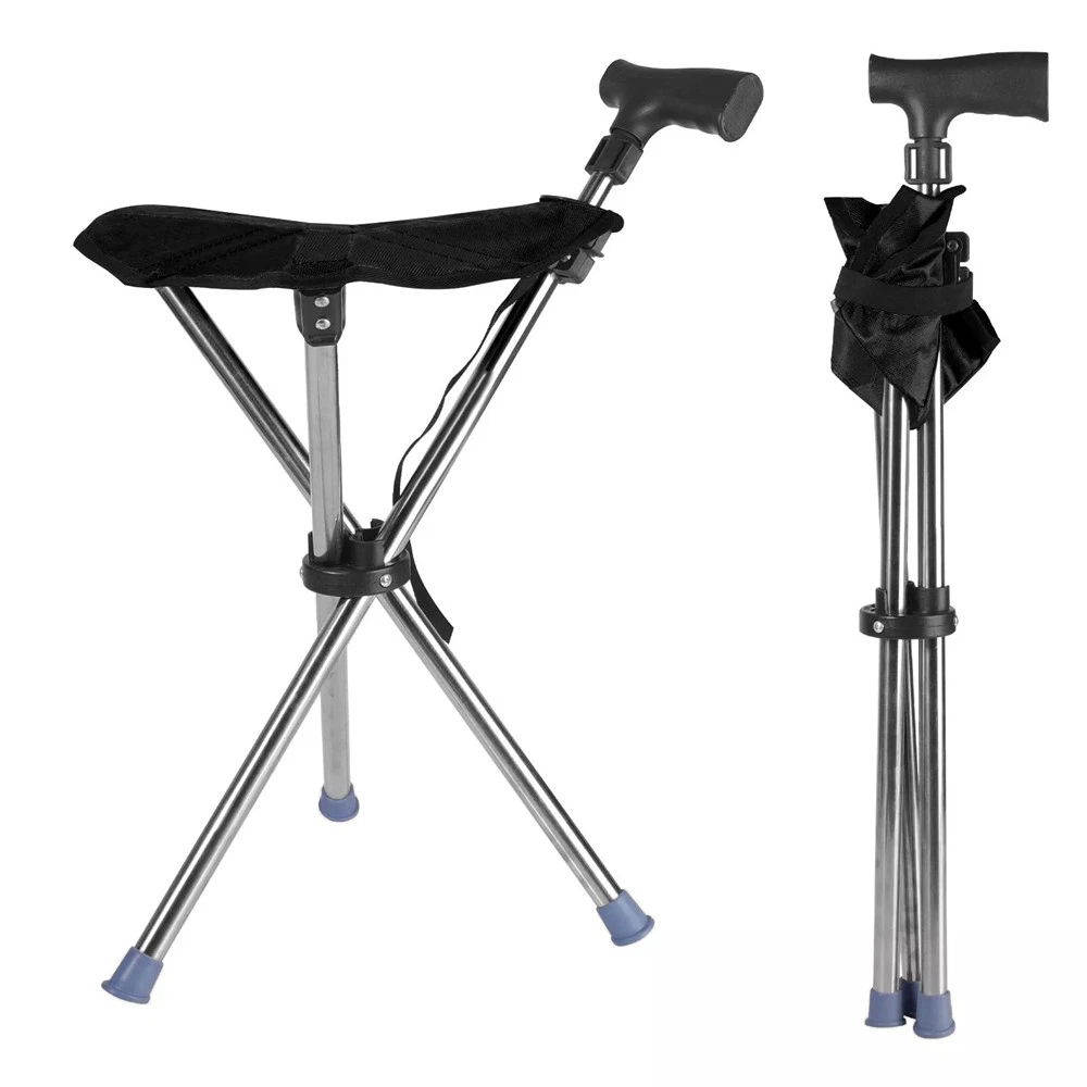 Folding Portable Walking Stick Seat Adjustable Aluminium Cane Chair Stool for Elder Old People Apricot