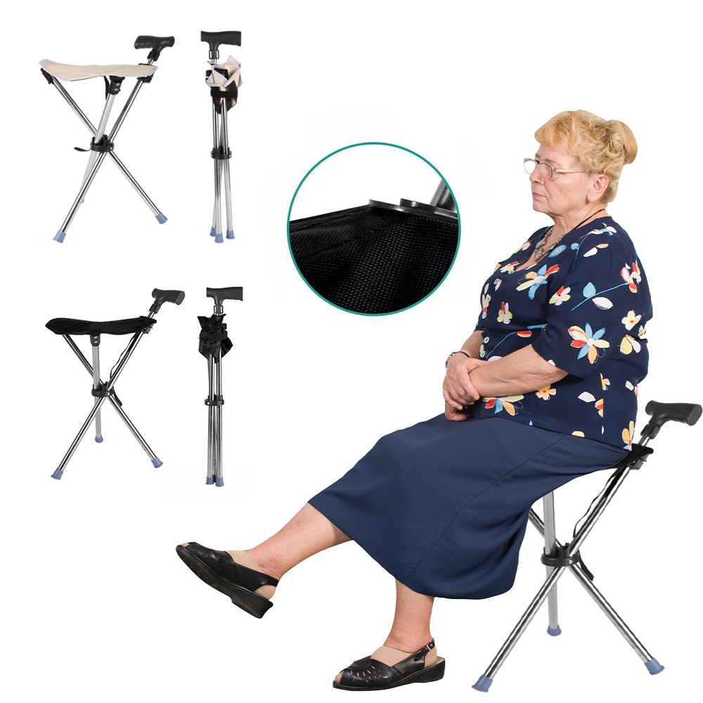 Folding Portable Walking Stick Seat Adjustable Aluminium Cane Chair Stool for Elder Old People Apricot