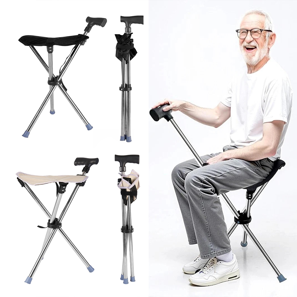 Folding Portable Walking Stick Seat Adjustable Aluminium Cane Chair Stool for Elder Old People Apricot