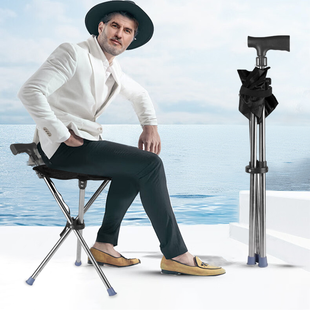 Folding Portable Walking Stick Seat Adjustable Aluminium Cane Chair Stool for Elder Old People Apricot