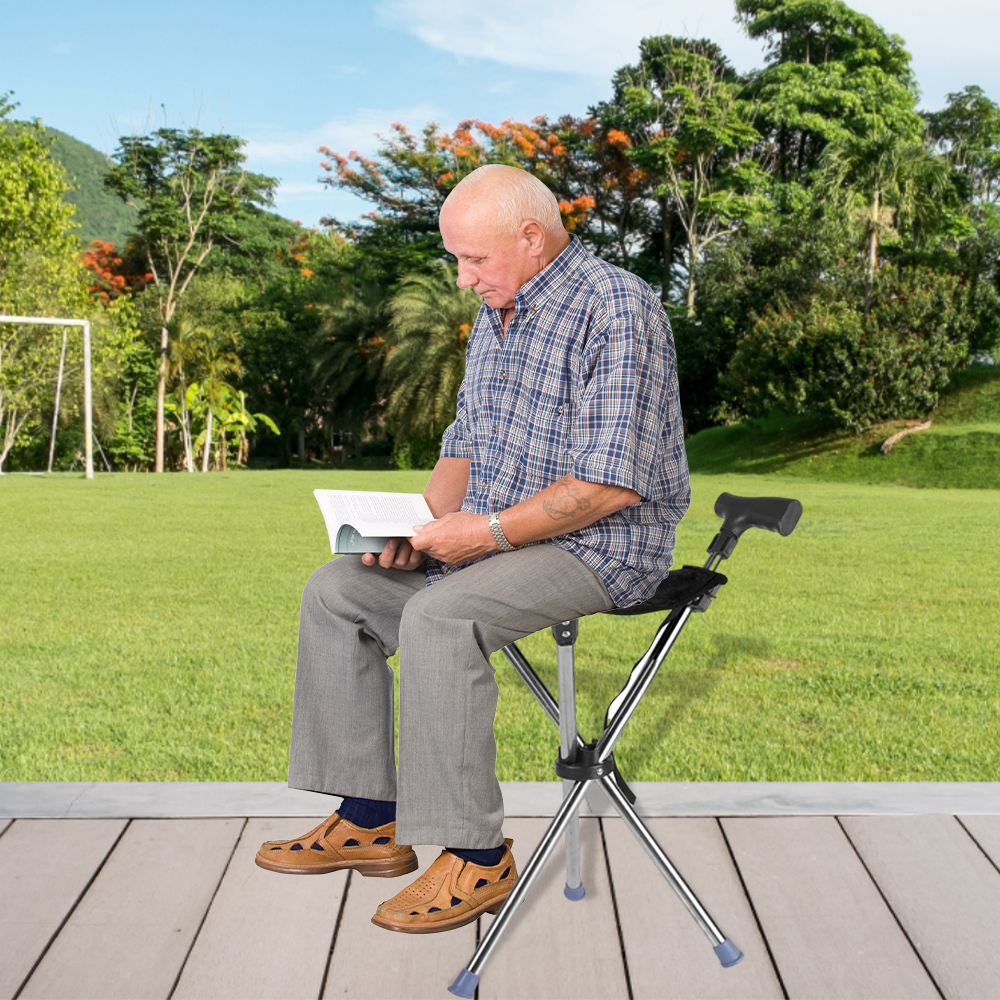 Folding Portable Walking Stick Seat Adjustable Aluminium Cane Chair Stool for Elder Old People Apricot