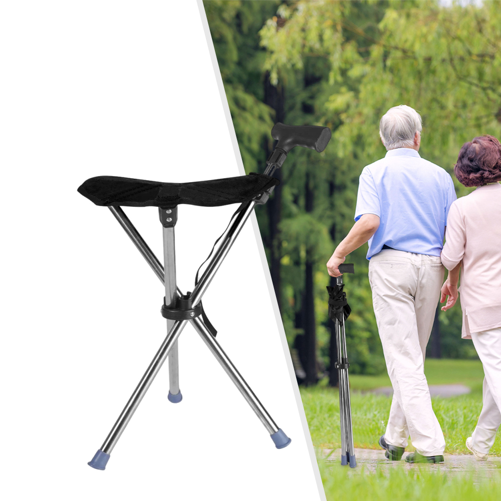 Folding Portable Walking Stick Seat Adjustable Aluminium Cane Chair Stool for Elder Old People Apricot
