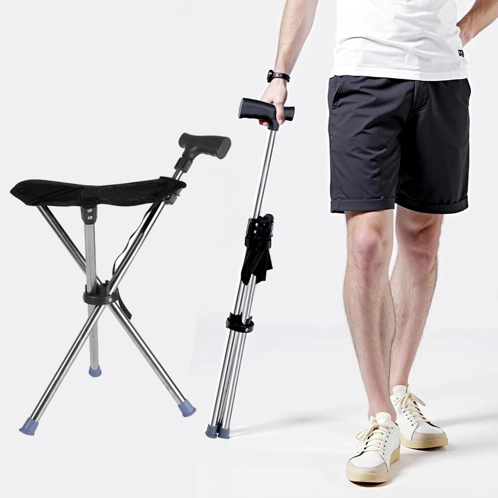 Folding Portable Walking Stick Seat Adjustable Aluminium Cane Chair Stool for Elder Old People Apricot