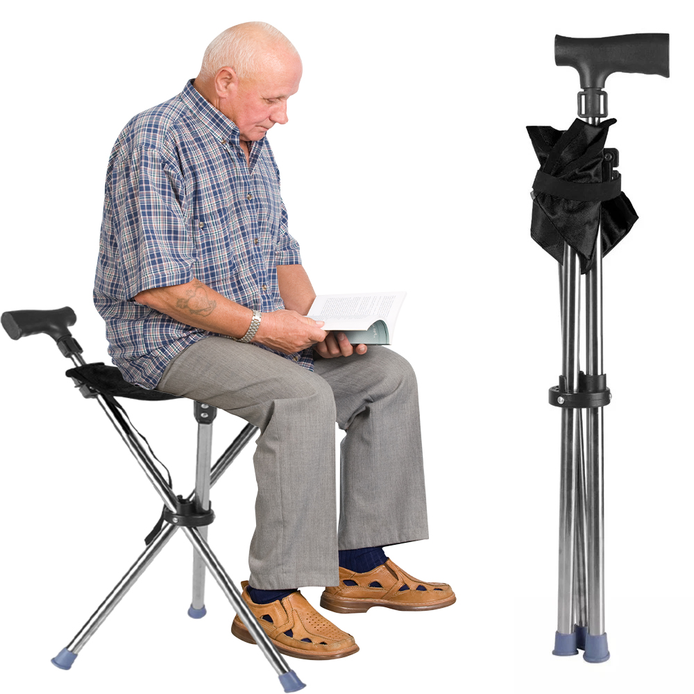 Folding Portable Walking Stick Seat Adjustable Aluminium Cane Chair Stool for Elder Old People Black