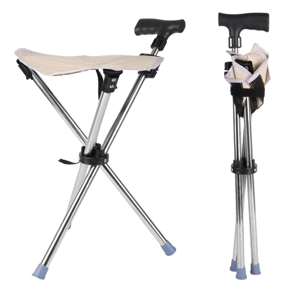 Folding Portable Walking Stick Seat Adjustable Aluminium Cane Chair Stool for Elder Old People Black