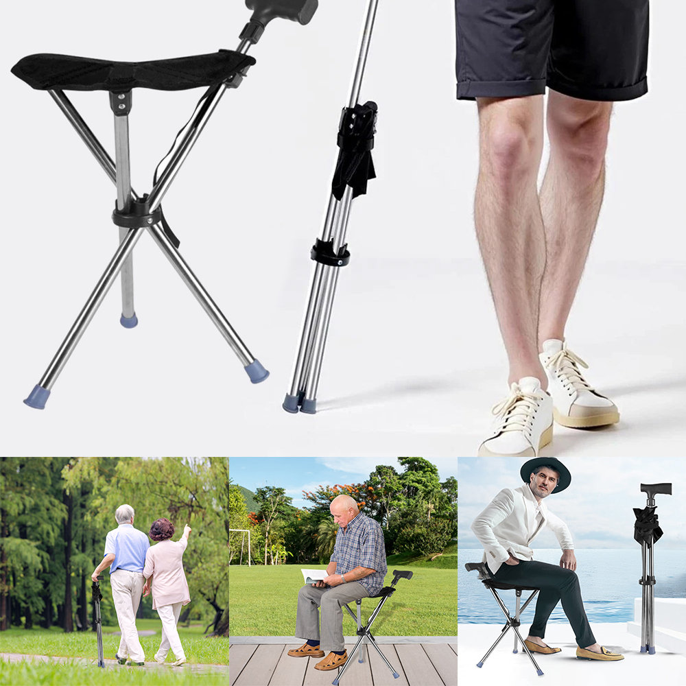 Folding Portable Walking Stick Seat Adjustable Aluminium Cane Chair Stool for Elder Old People Black