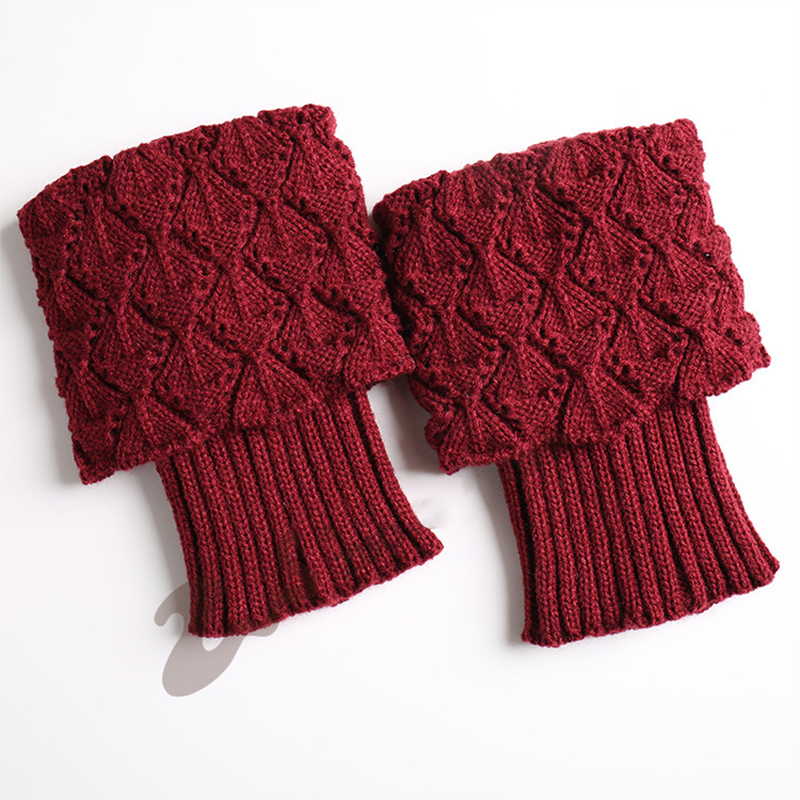 Girls Short Leg Warmers Crochet Cuffs Ankle Toppers Knitted Trim Boot Socks - Wine Red