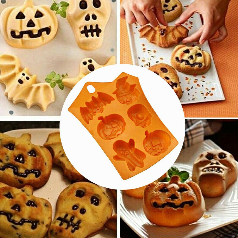 Halloween 6 Pumpkin Ghost Face Bat Skull Silicone Mould Cake Soap Candle Craft