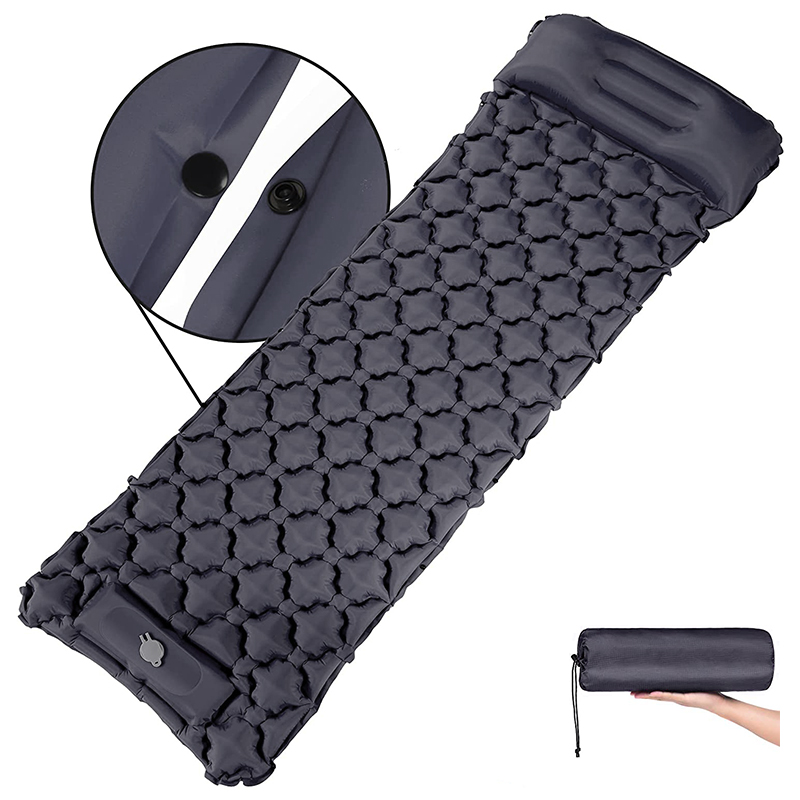 Integrated Foot Pump Portable Inflatable Camping Sleeping Mat with Pillow - Dark Blue