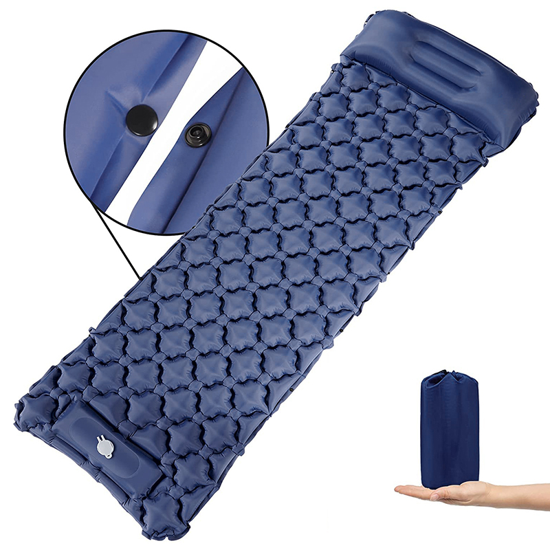 Integrated Foot Pump Portable Inflatable Camping Sleeping Mat with Pillow - Navy Blue