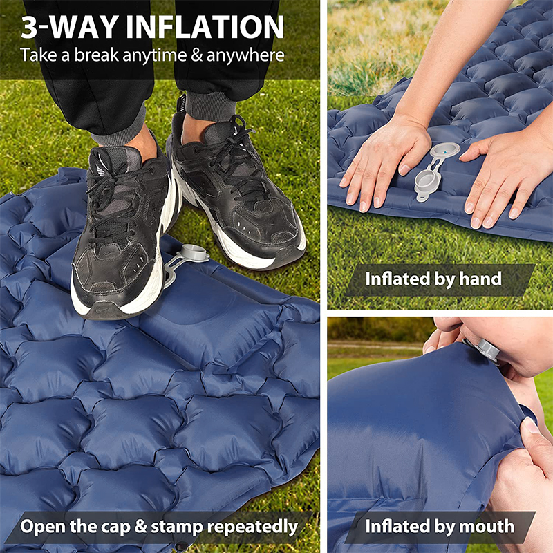 Integrated Foot Pump Portable Inflatable Camping Sleeping Mat with Pillow - Navy Blue