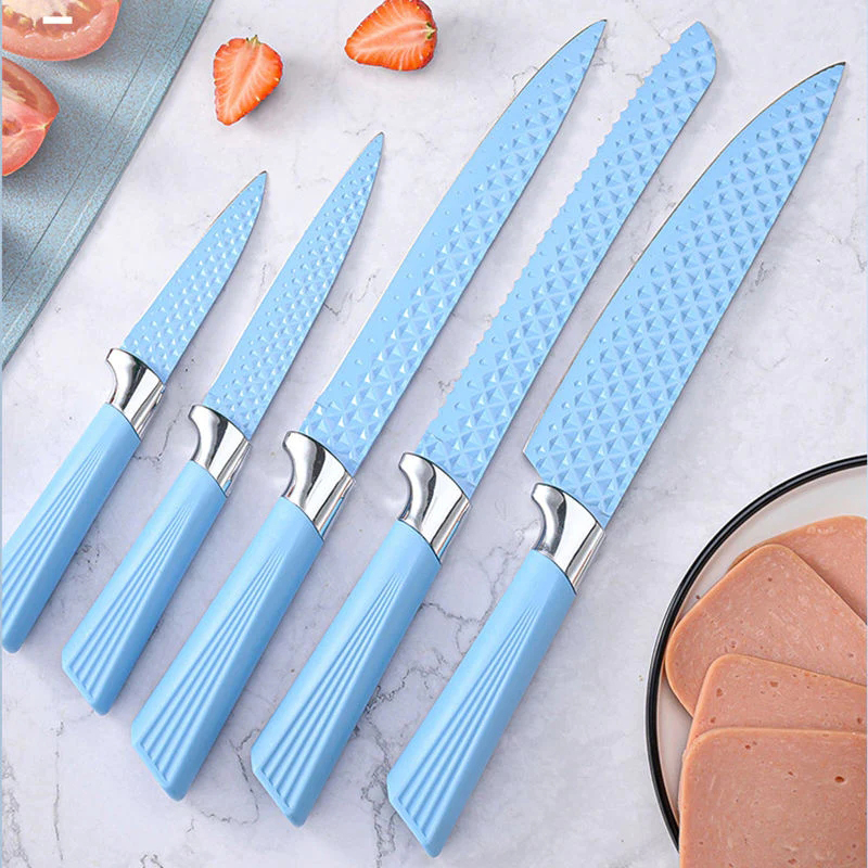 Knife Set with Acrylic Knife Block Damascus Effect Stainless Steel Blades 5 Pieces Kitchen Knife Sets - Random Colour