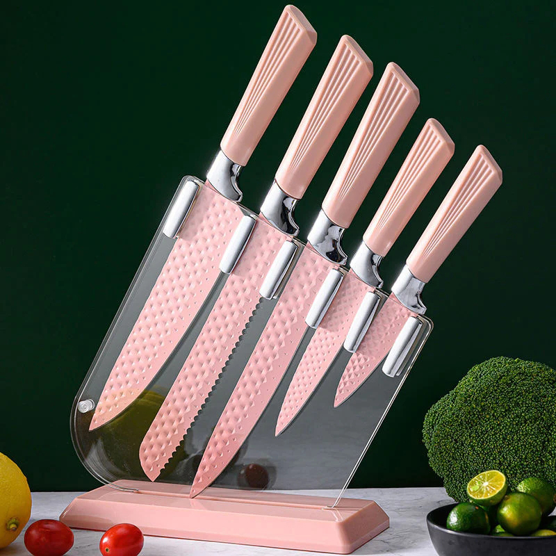 Knife Set with Acrylic Knife Block Damascus Effect Stainless Steel Blades 5 Pieces Kitchen Knife Sets - Random Colour