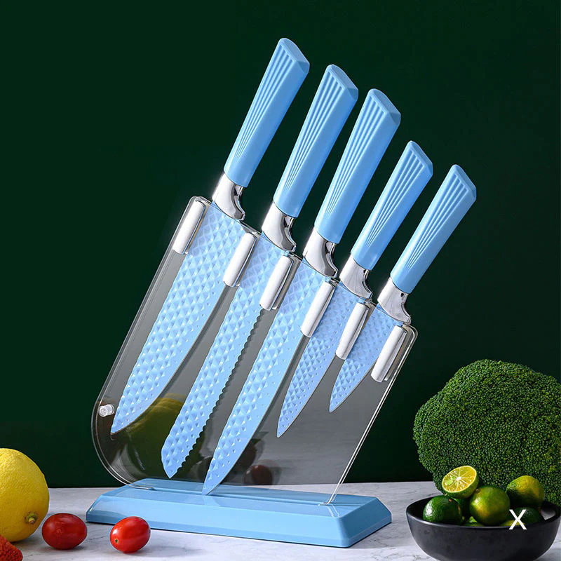 Knife Set with Acrylic Knife Block Damascus Effect Stainless Steel Blades 5 Pieces Kitchen Knife Sets - Random Colour