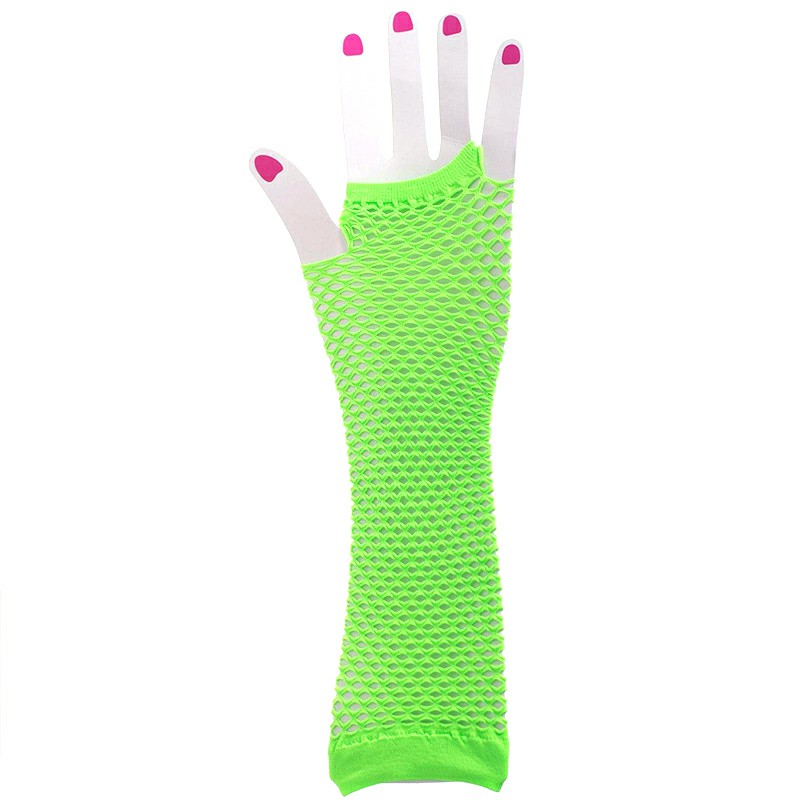 Ladies Girls Neon Long Fingerless Fishnet Lace Gloves Long Gloves - Green