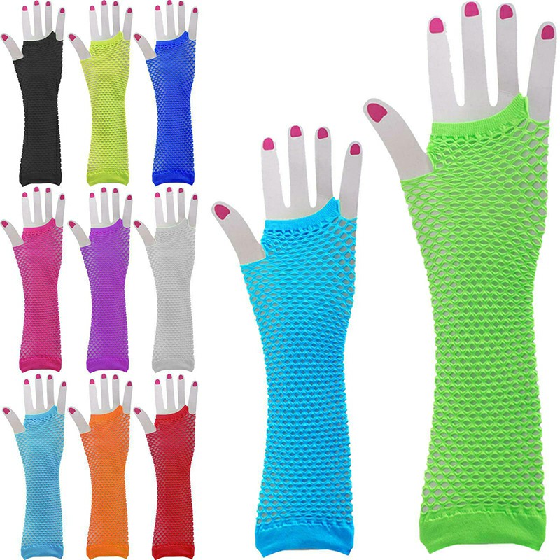 Ladies Girls Neon Long Fingerless Fishnet Lace Gloves Long Gloves - Hot Pink