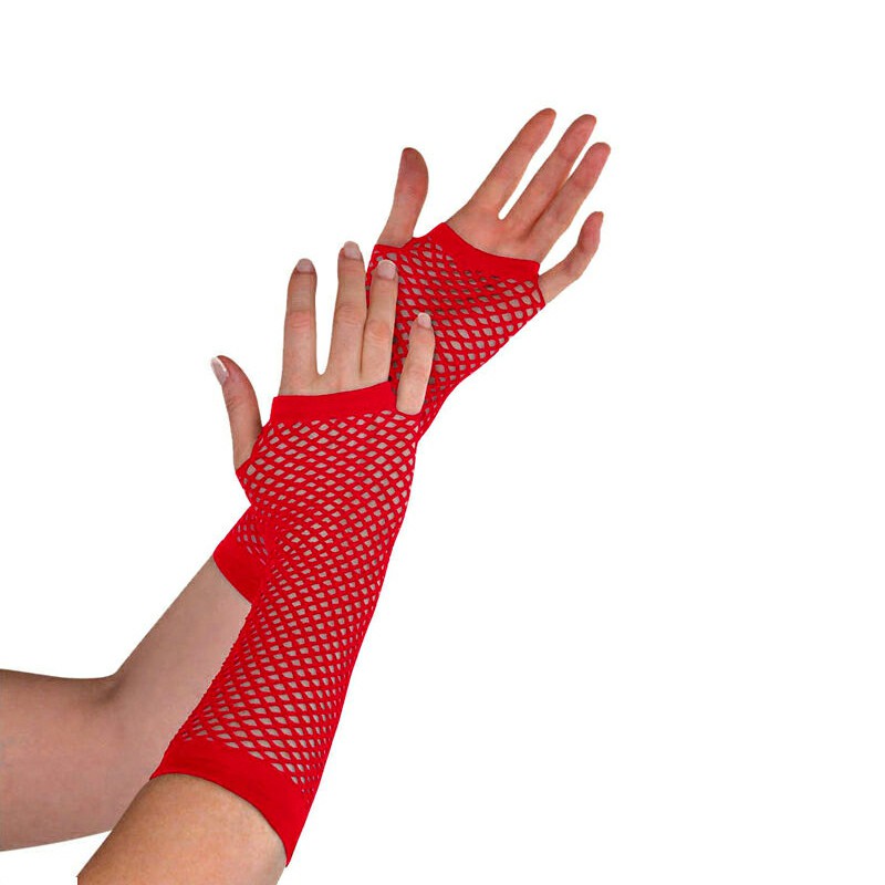 Ladies Girls Neon Long Fingerless Fishnet Lace Gloves Long Gloves - Red