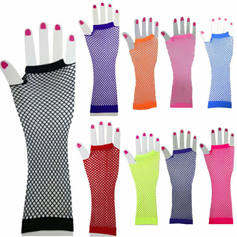 Ladies Girls Neon Long Fingerless Fishnet Lace Gloves Long Gloves - Red