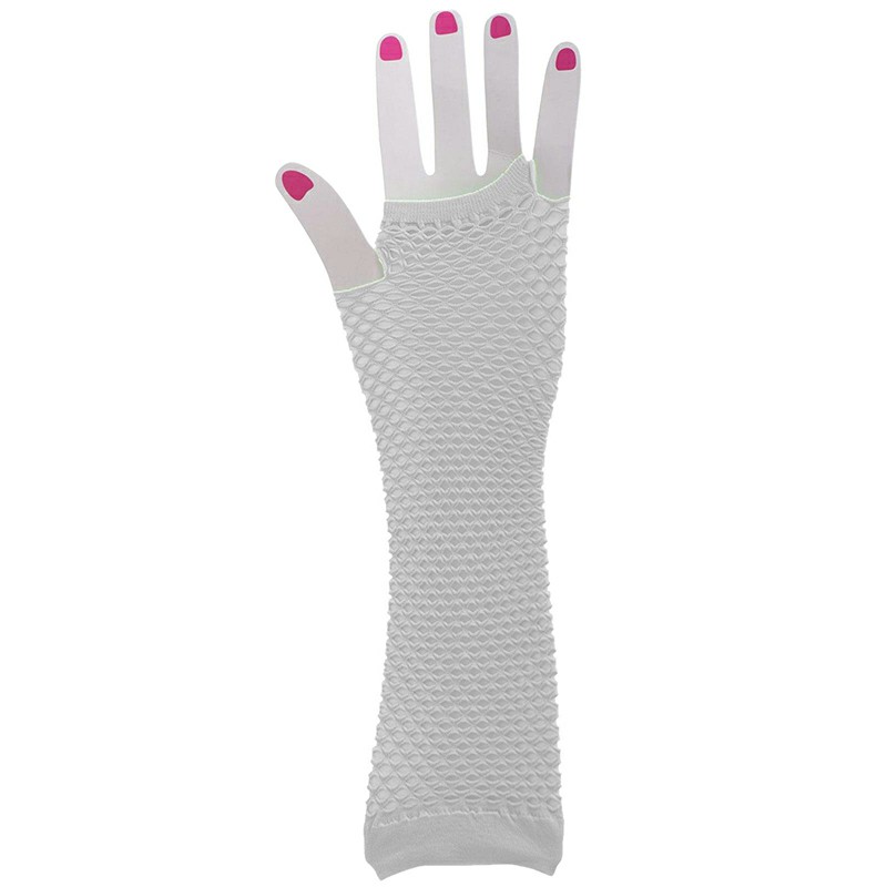 Ladies Girls Neon Long Fingerless Fishnet Lace Gloves Long Gloves - White