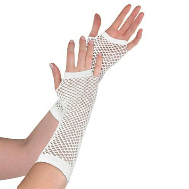 Ladies Girls Neon Long Fingerless Fishnet Lace Gloves Long Gloves - White