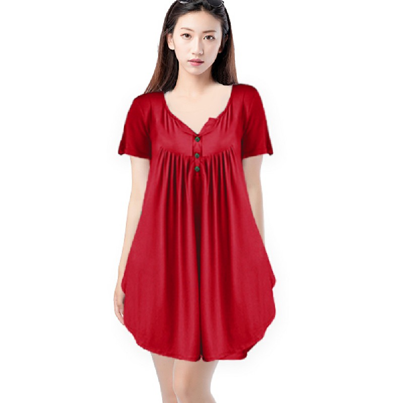 Lady Summer Tunic Tops Short Sleeve T-shirt Women Button Blouse Tee - Blue 4XL