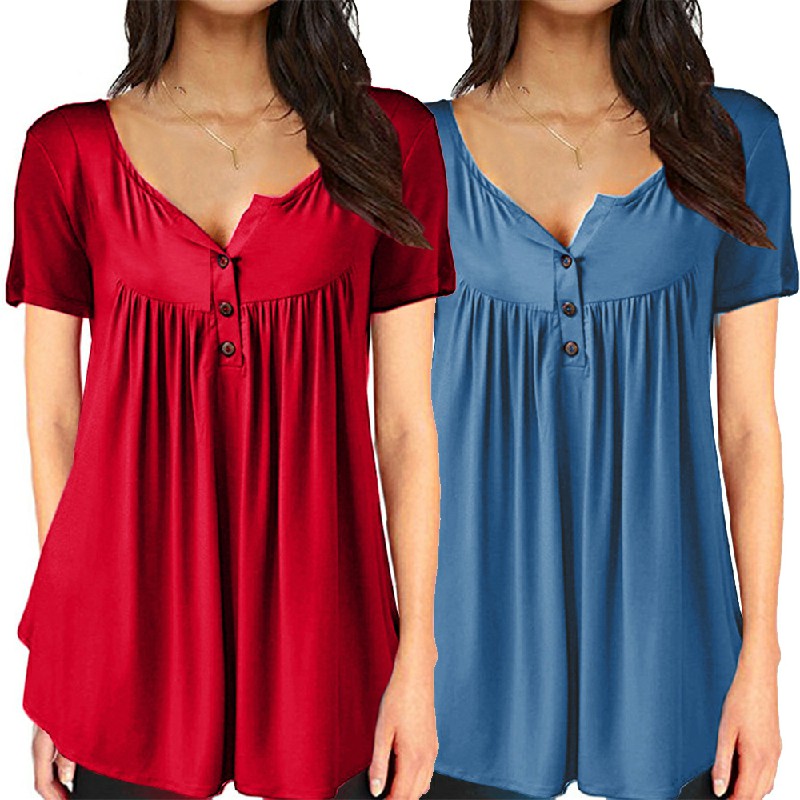 Lady Summer Tunic Tops Short Sleeve T-shirt Women Button Blouse Tee - Red 5XL