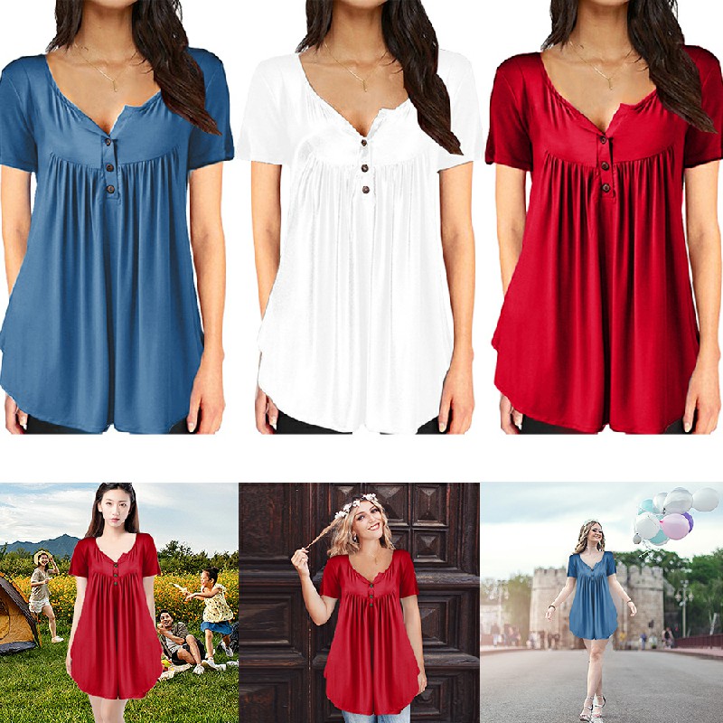 Lady Summer Tunic Tops Short Sleeve T-shirt Women Button Blouse Tee - Red 5XL