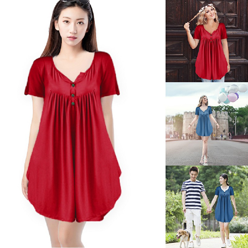 Lady Summer Tunic Tops Short Sleeve T-shirt Women Button Blouse Tee - Red 5XL