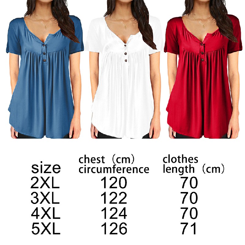 Lady Summer Tunic Tops Short Sleeve T-shirt Women Button Blouse Tee - Red 5XL