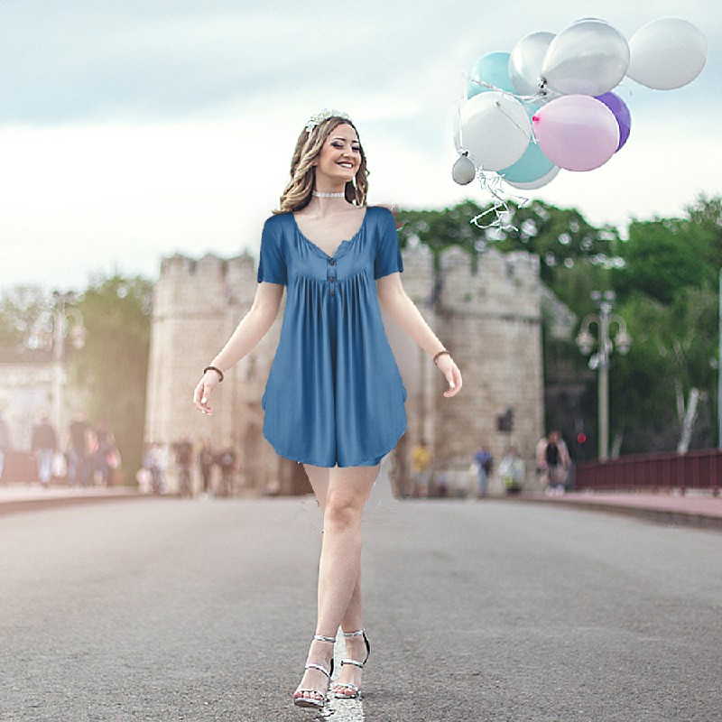 Lady Summer Tunic Tops Short Sleeve T-shirt Women Button Blouse Tee - Red 5XL