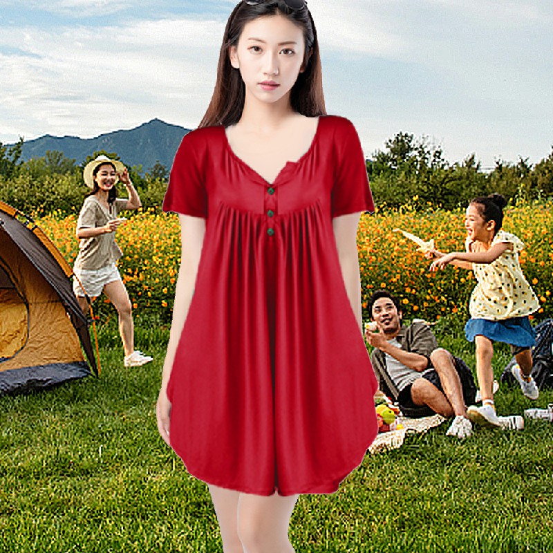 Lady Summer Tunic Tops Short Sleeve T-shirt Women Button Blouse Tee - Red 5XL