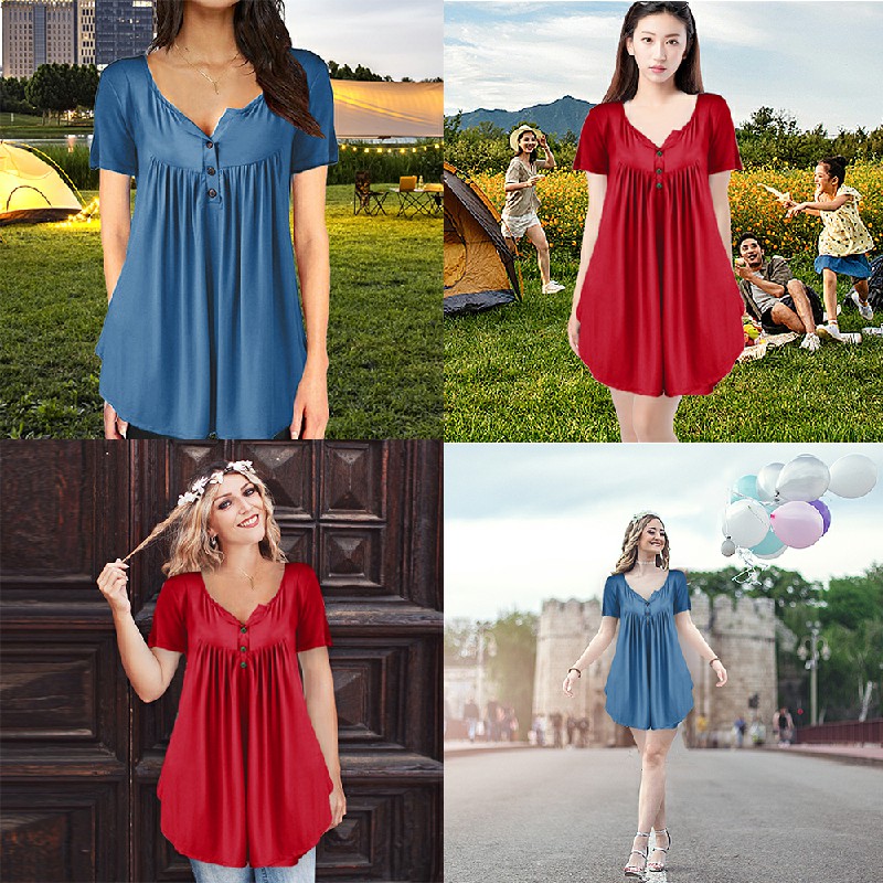 Lady Summer Tunic Tops Short Sleeve T-shirt Women Button Blouse Tee - Red 5XL