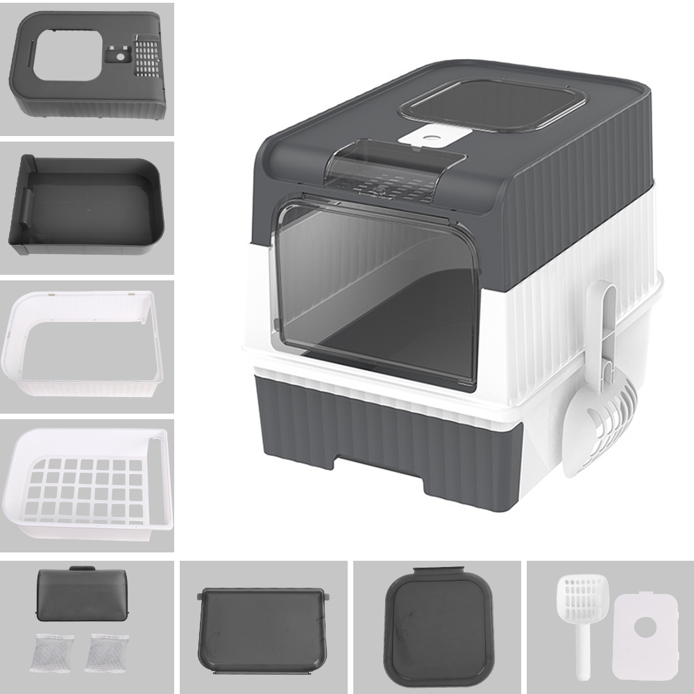 Large Cat Litter Box Anti-Splashing Cat Potty Tray Self Cleaning Pan Drawer Pet - Grey