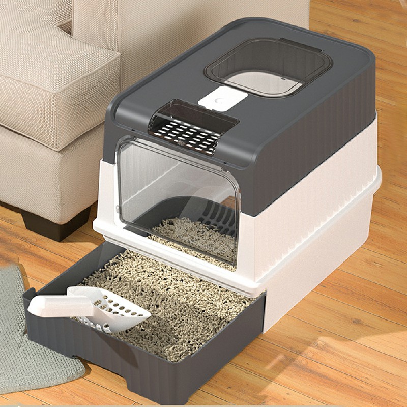 Large Cat Litter Box Anti-Splashing Cat Potty Tray Self Cleaning Pan Drawer Pet - Grey