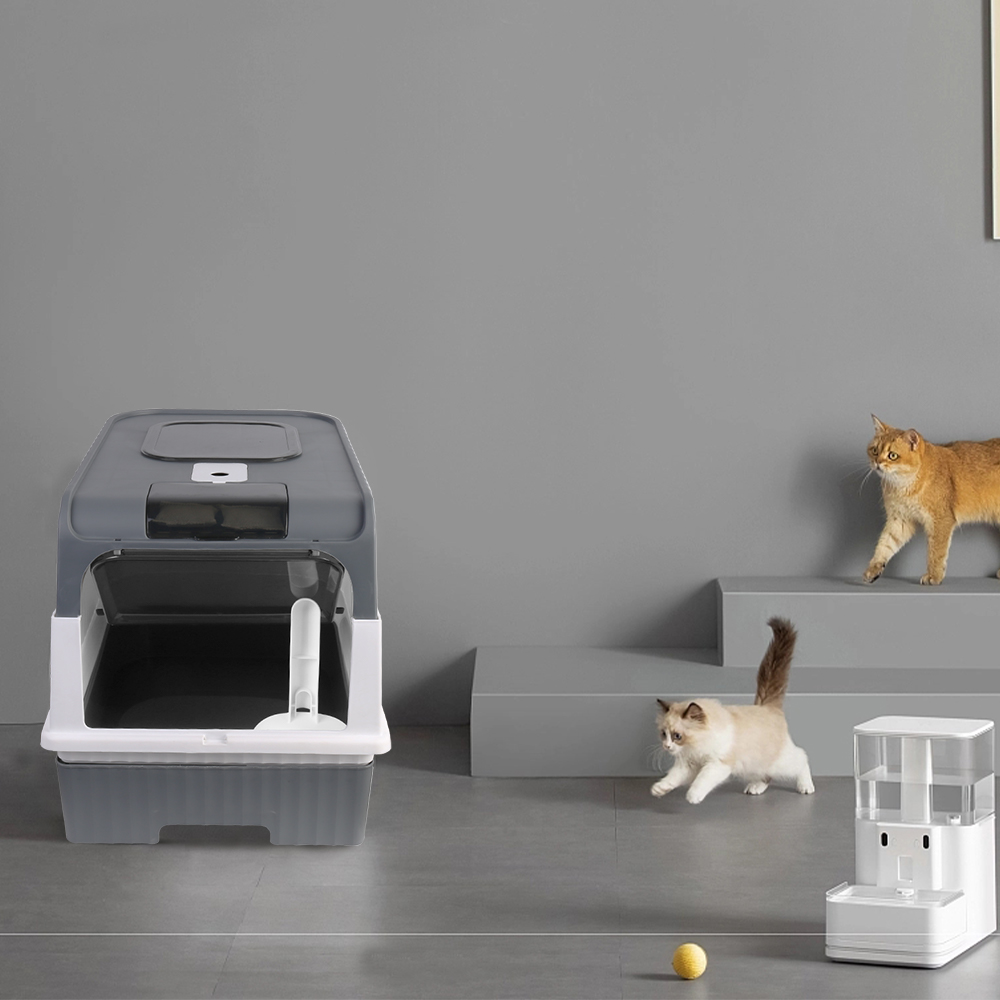 Large Cat Litter Box Anti-Splashing Cat Potty Tray Self Cleaning Pan Drawer Pet - Grey