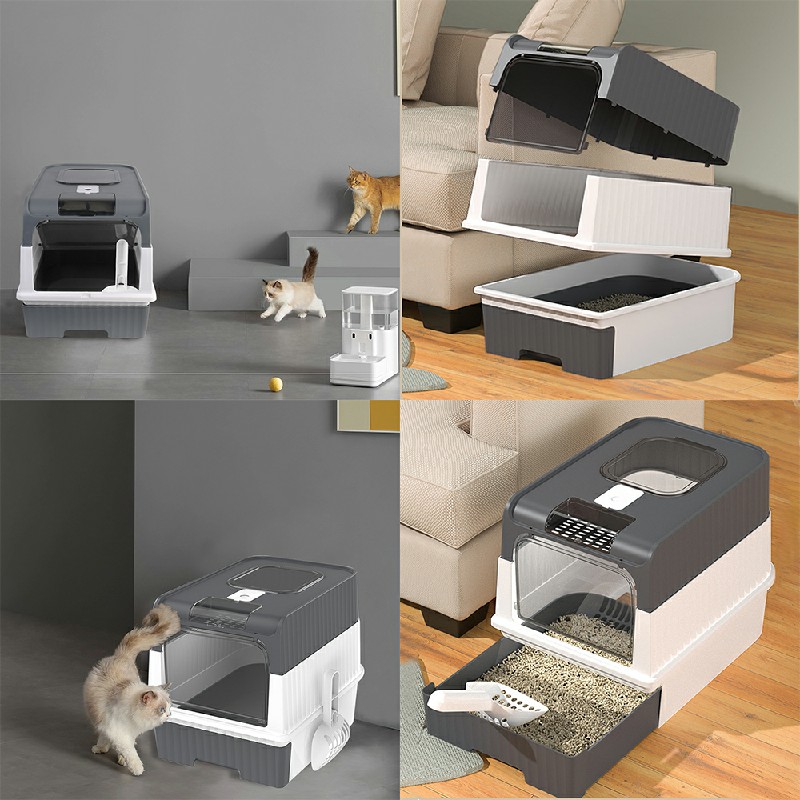 Large Cat Litter Box Anti-Splashing Cat Potty Tray Self Cleaning Pan Drawer Pet - Grey