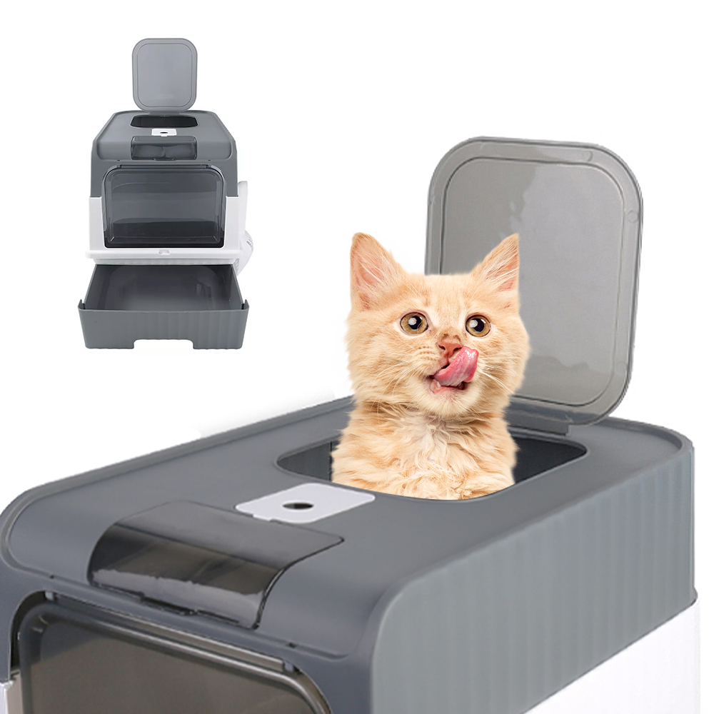Large Cat Litter Box Anti-Splashing Cat Potty Tray Self Cleaning Pan Drawer Pet - Grey