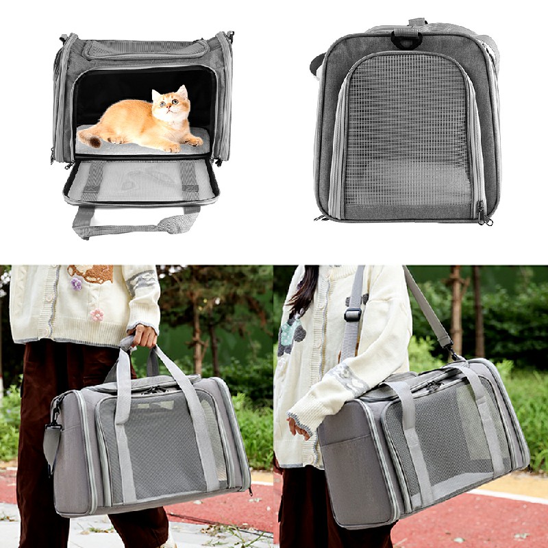 Large Pet Carrier Bag Soft Fabric Fold Portable Travel Puppy Cat Bag - Black