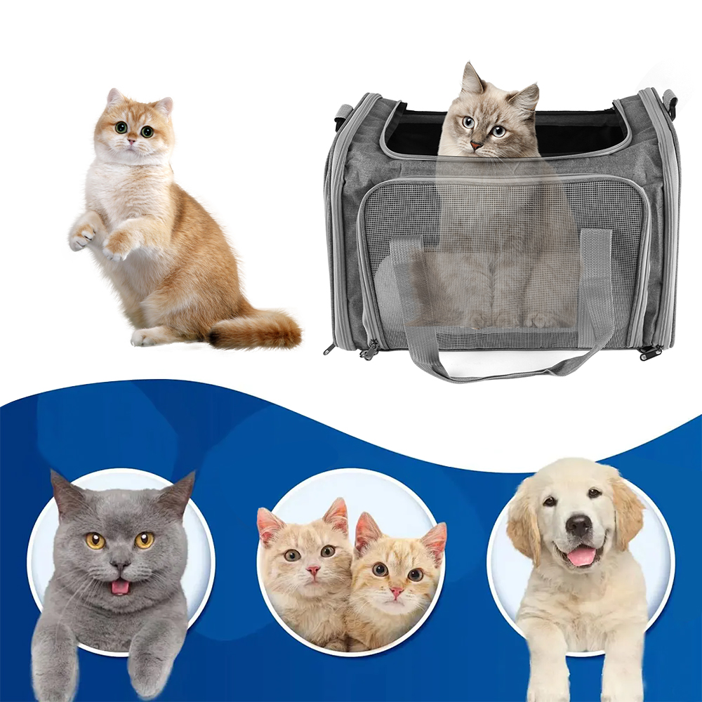 Large Pet Carrier Bag Soft Fabric Fold Portable Travel Puppy Cat Bag - Grey