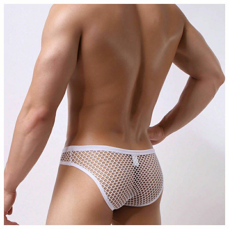 Mens Fishnet Elastic String Tanga See Through Mesh Briefs Underwear, White 2XL