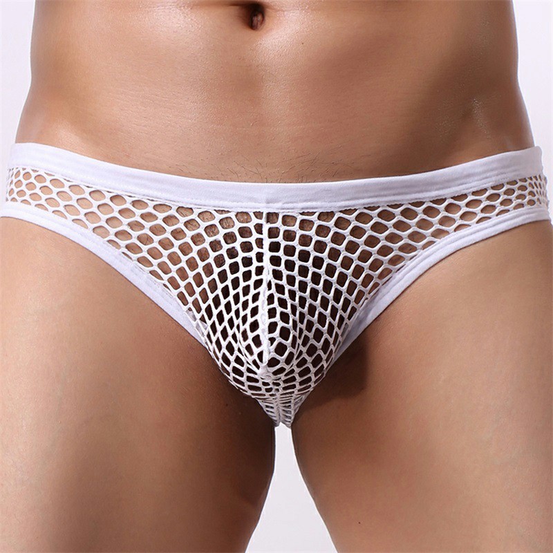 Mens Fishnet Elastic String Tanga See Through Mesh Briefs Underwear, White 2XL