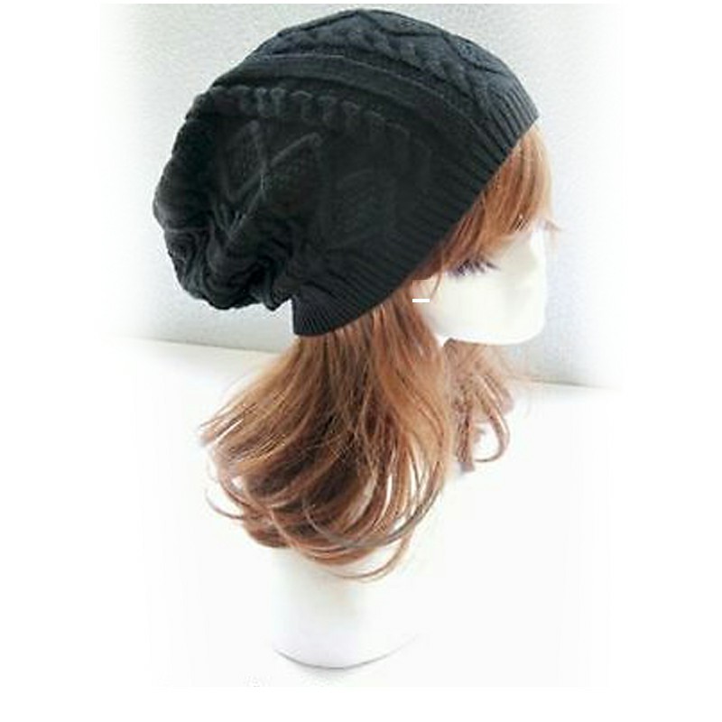Mens Ladies Knitted Woolly Winter Oversized Slouch Beanie Hat Cap Skateboard - Black