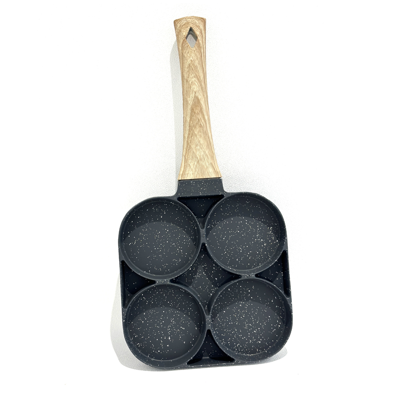 Metal Round Egg Frying Pan Square Pan for 4 Eggs with Wooden Handle
