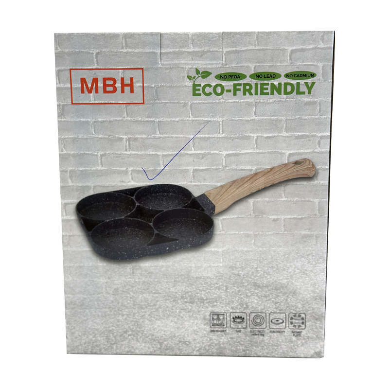 Metal Round Egg Frying Pan Square Pan for 4 Eggs with Wooden Handle